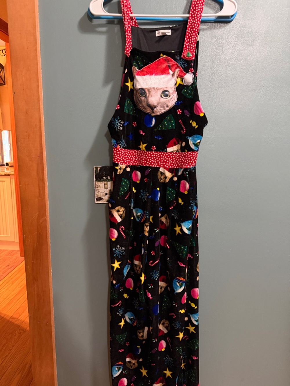 Women’s Black Holiday Cat Print Jumpsuit - Red Accents